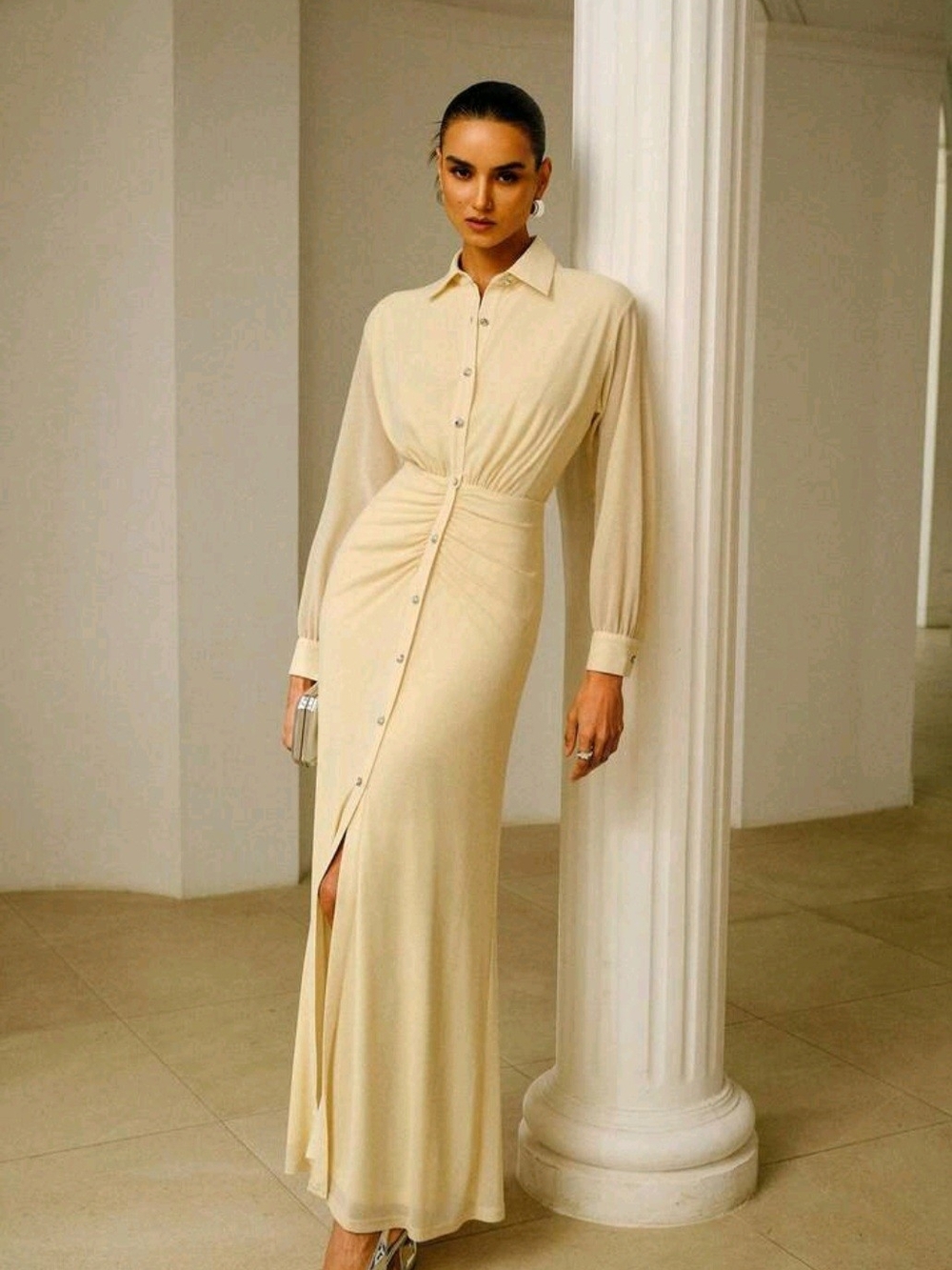 MOTF Cream Long-Sleeve Button Maxi Dress
